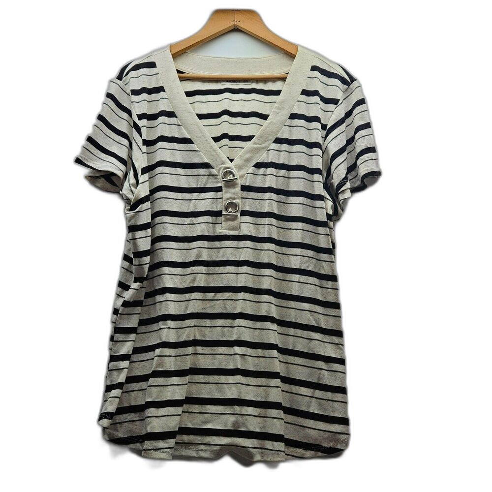 89th & Madison Women Short Sleeve Striped Casual Top Size XL beige and black